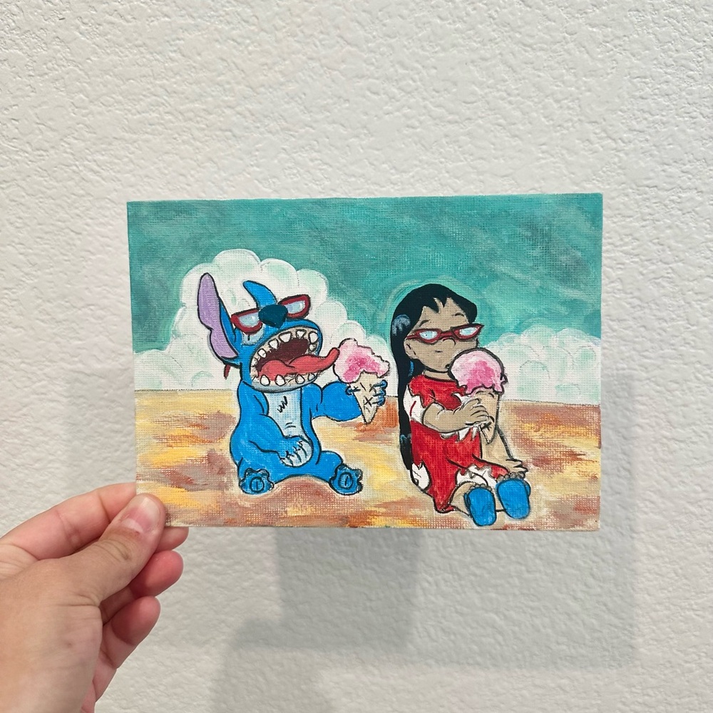Lilo & Stitch having ice cream on the beach Cartoon Acrylic Painting Handmade